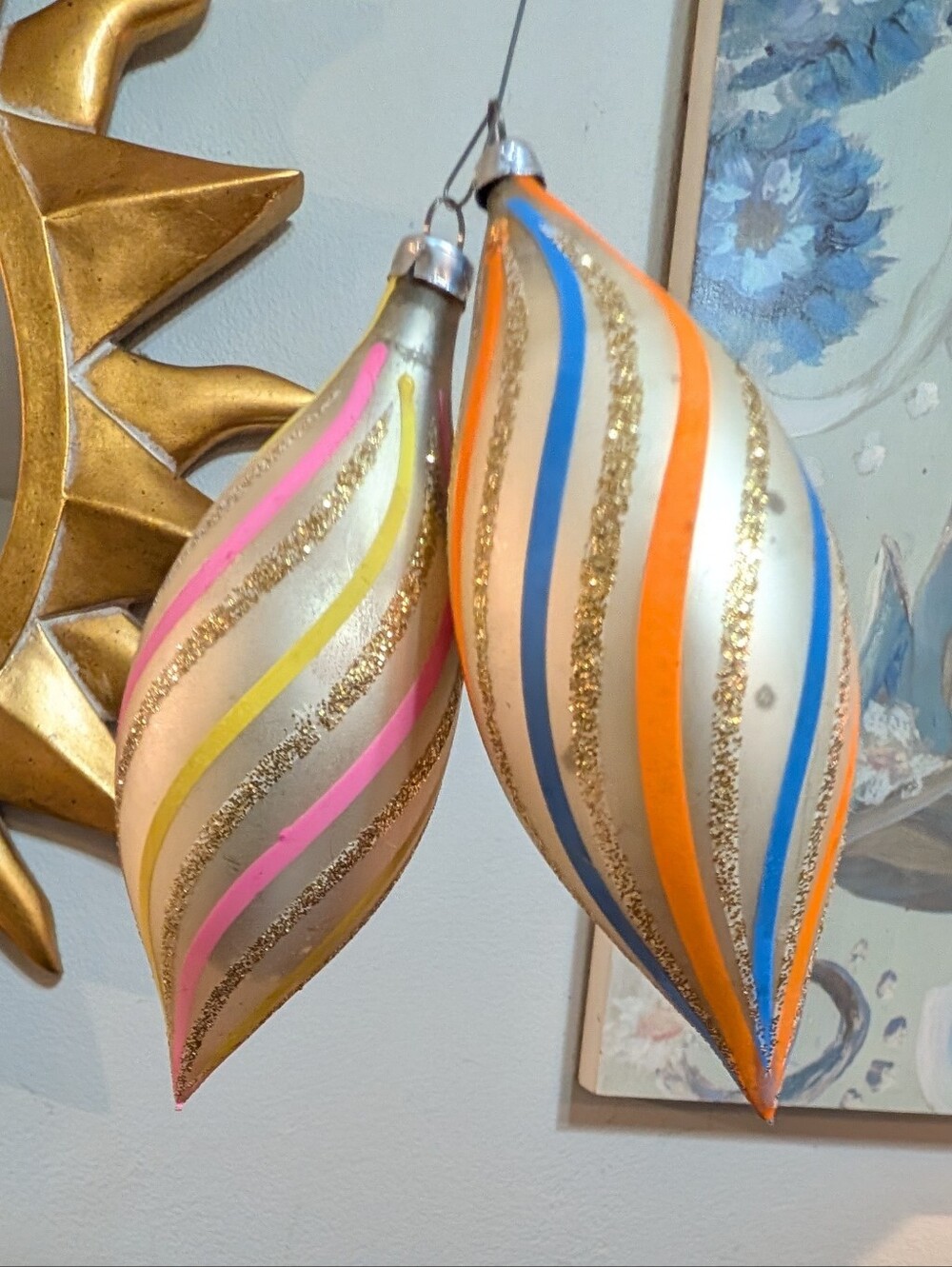 2 Vintage West Germany Blown Glass Christmas Ornament Spiral Teardrop Stripe